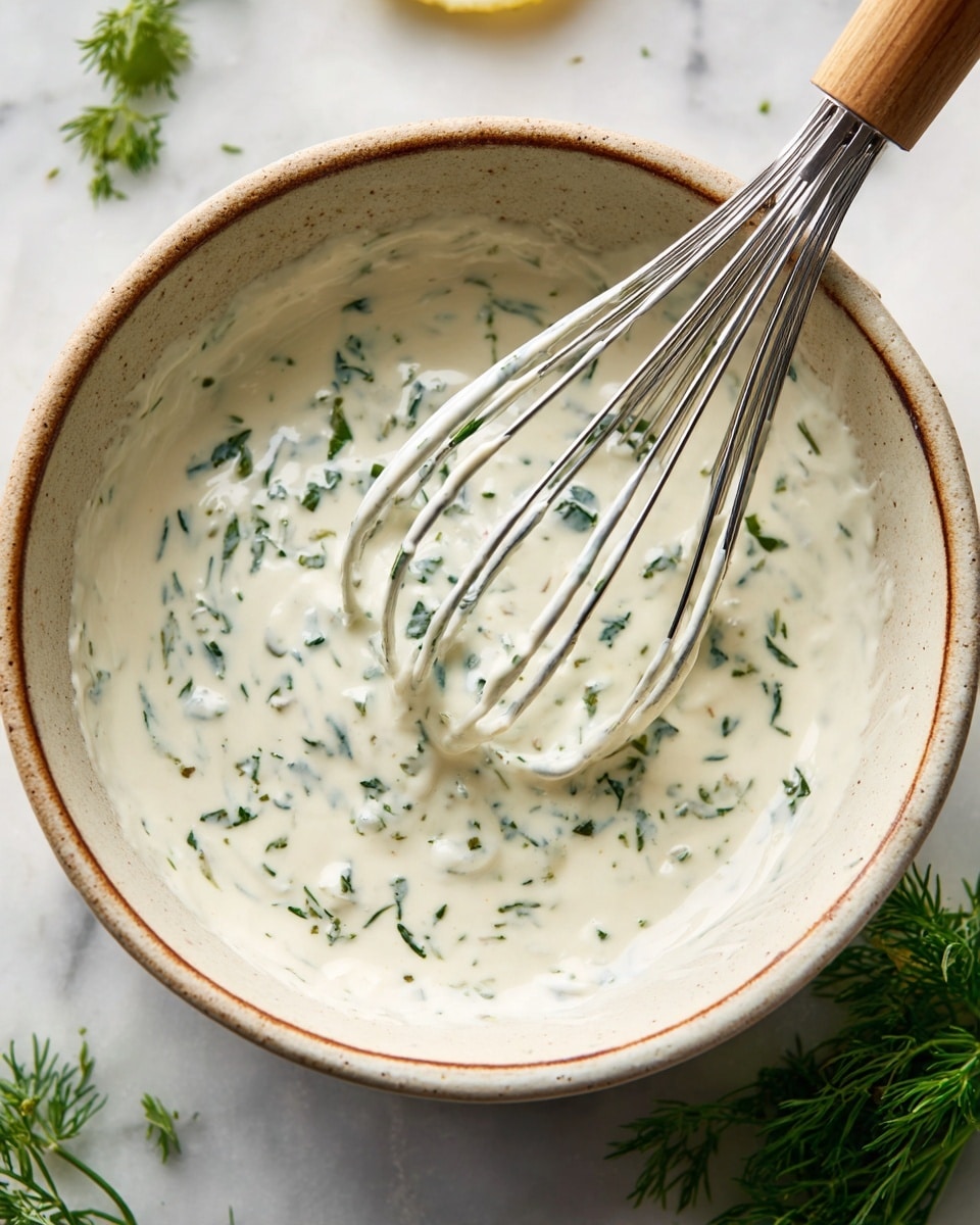 A close-up view of a ceramic bowl filled with thick, creamy white sauce mixed with finely chopped green herbs, creating a speckled pattern inside the sauce. A metal whisk is partly dipped in the sauce, with some sauce clinging to its wires. The bowl sits on a white marbled surface with a hint of a lemon slice and some green dill at the edges. The inside of the bowl is cream with light brown speckles and a thin dark rim. Photo taken with an iphone --ar 4:5 --v 7