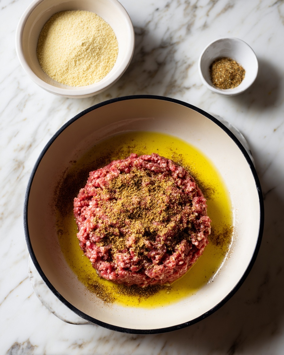 A white pan with a black rim holds a thick layer of raw red ground meat in the center, sprinkled with a layer of brown spices on top. Surrounding the meat is a layer of golden yellow oil pooling around the edges inside the pan. In the upper left corner of the image, there is a small white bowl filled with a pale yellow powder. The surface underneath is white marble with light gray veins. photo taken with an iphone --ar 4:5 --v 7