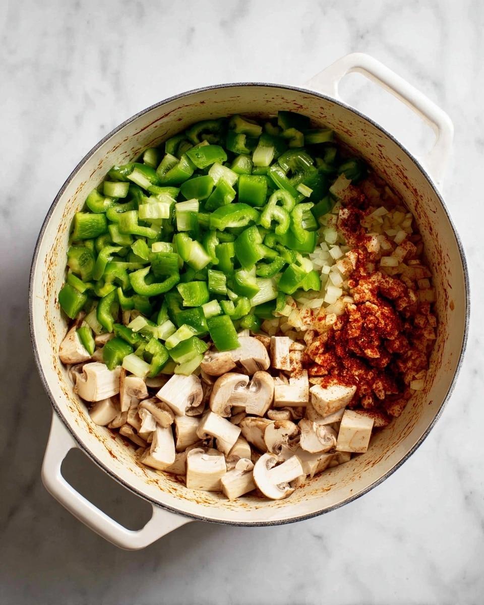 Inside a white pot, there are three layers of chopped ingredients placed next to each other filling almost the whole pot. The bottom layer is soft cooked onions with a reddish tint from cooked spices, occupying the right and left edges of the pot in a thin spread. On top of the onions, there is a pile of fresh green bell peppers chopped into small cubes, taking up the center left part of the pot. Next to the bell peppers on the lower right side are light tan mushrooms cut into small square pieces. The pot is set on a white marbled surface. photo taken with an iphone --ar 4:5 --v 7