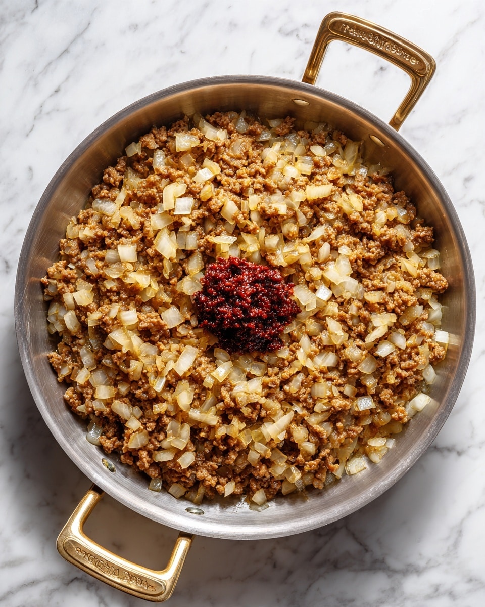 A large gray pan with golden handles holds a mix of cooked ground meat and diced onions spread evenly across the base. In the center is a small dollop of bright red paste, contrasting with the light brown meat and translucent white onions. The pan rests on a white marbled surface. Photo taken with an iphone --ar 4:5 --v 7