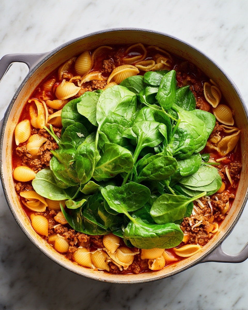 A large gray pot filled with a stew-like dish sits on a white marbled surface. The bottom layer is a rich red tomato sauce mixed with small shell pasta of a pale orange color. Scattered in this sauce are pieces of cooked ground meat with a browned texture. On top of this, there is a creamy light beige layer, gently swirling into the sauce along the edges. Sitting in the center and piled high is a fresh layer of bright green spinach leaves, adding a fresh, leafy texture and vibrant color to the dish. Photo taken with an iphone --ar 4:5 --v 7