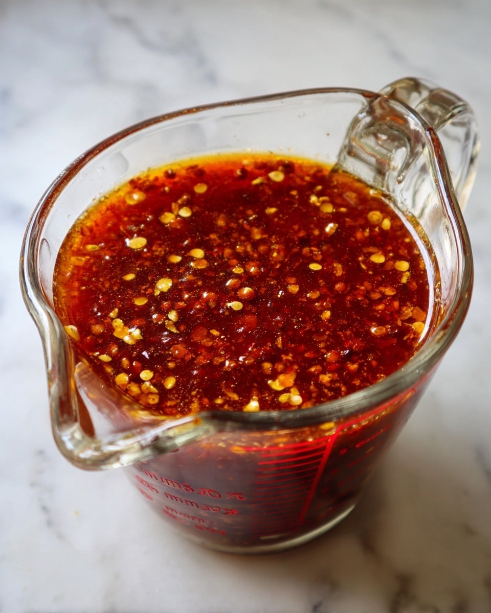 A clear glass measuring cup filled with a thick red-brown sauce that has many yellow chili flakes floating on top, the sauce's texture looks slightly oily and speckled with small bits of spices. The cup sits on a white marbled surface, with red measurement markings visible on the glass. Photo taken with an iphone --ar 4:5 --v 7