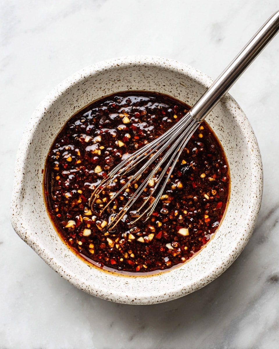 A white speckled bowl filled with a dark brown sauce mixed with small pieces of light yellow garlic, red chili flakes, and other small spices. A silver whisk rests inside the bowl, partially submerged in the mixture. The bowl is set on a white marbled surface, showing a top-down view of the thick sauce and its textured ingredients photo taken with an iphone --ar 4:5 --v 7