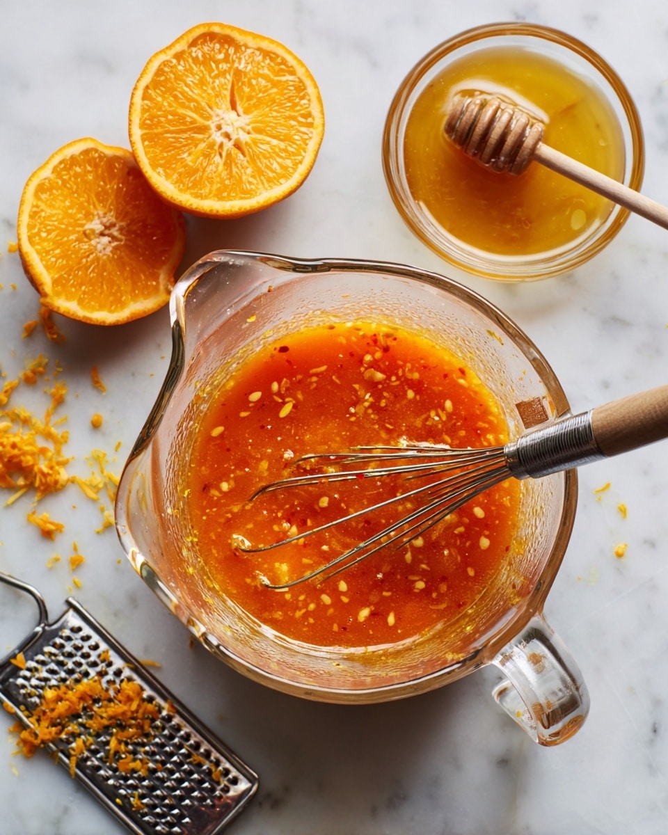 A clear glass measuring cup holds a thick orange-colored sauce with small bits of zest and seeds, mixed with a metal whisk that sits inside the cup. Around it are two squeezed orange halves with a textured inside and bright orange peel, a metal grater with fine orange zest stuck on it, and a small clear bowl filled with golden honey and a honey dipper resting on top. The whole scene is set on a white marbled surface with soft natural lighting. photo taken with an iphone --ar 4:5 --v 7