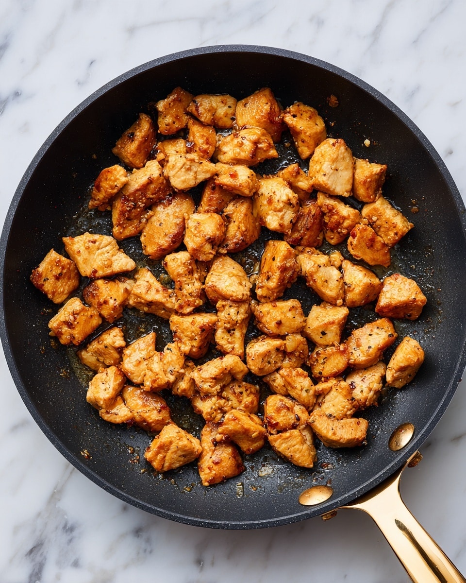 A black frying pan with a gold handle is filled with about 20 small golden brown pieces of cooked chicken, each piece showing a slightly crispy texture with hints of seasoning. The pieces are spread evenly across the pan, with some areas showing a light oil sheen. The background is a white marbled surface. photo taken with an iphone --ar 4:5 --v 7