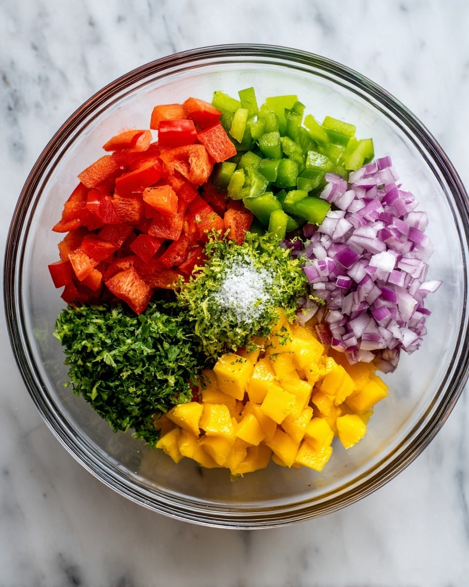 A clear glass bowl on a white marbled surface holds six sections of fresh, chopped ingredients arranged in a circular pattern. Starting from the top left, there are bright red bell pepper pieces, followed by green bell pepper pieces to the top right. Moving clockwise, finely diced purple onion pieces are next, with a vibrant green chopped herb, likely cilantro, just below them. At the bottom left are bright yellow mango chunks, and in the middle of the bowl is a small pile of green lime zest with a pinch of white salt on top. The colorful layers create a vivid, fresh look. Photo taken with an iphone --ar 4:5 --v 7