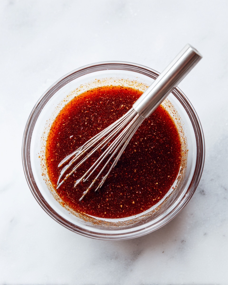 A clear glass bowl filled with dark reddish-brown sauce that has a slightly thick, grainy texture. A metal whisk with a cylindrical handle rests inside the bowl, partially submerged in the sauce with some sauce coating the whisk wires. The bowl sits on a white marbled surface that adds a clean and bright background to the rich color of the sauce. Photo taken with an iphone --ar 4:5 --v 7