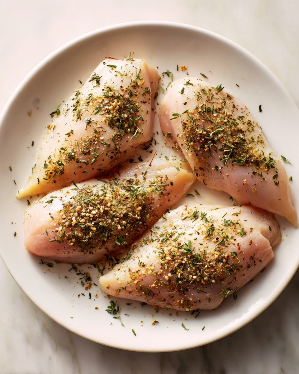 A white plate holds four raw chicken pieces spread apart, each piece pale pink with a smooth texture and slightly shiny surface. The chicken is sprinkled evenly with dried herbs and spices, giving a light brown and green flecked pattern on top. Some herbs have fallen around the plate on the white marbled surface below. The background shows soft lighting that highlights the details of the spices and the light pink meat. photo taken with an iphone --ar 4:5 --v 7