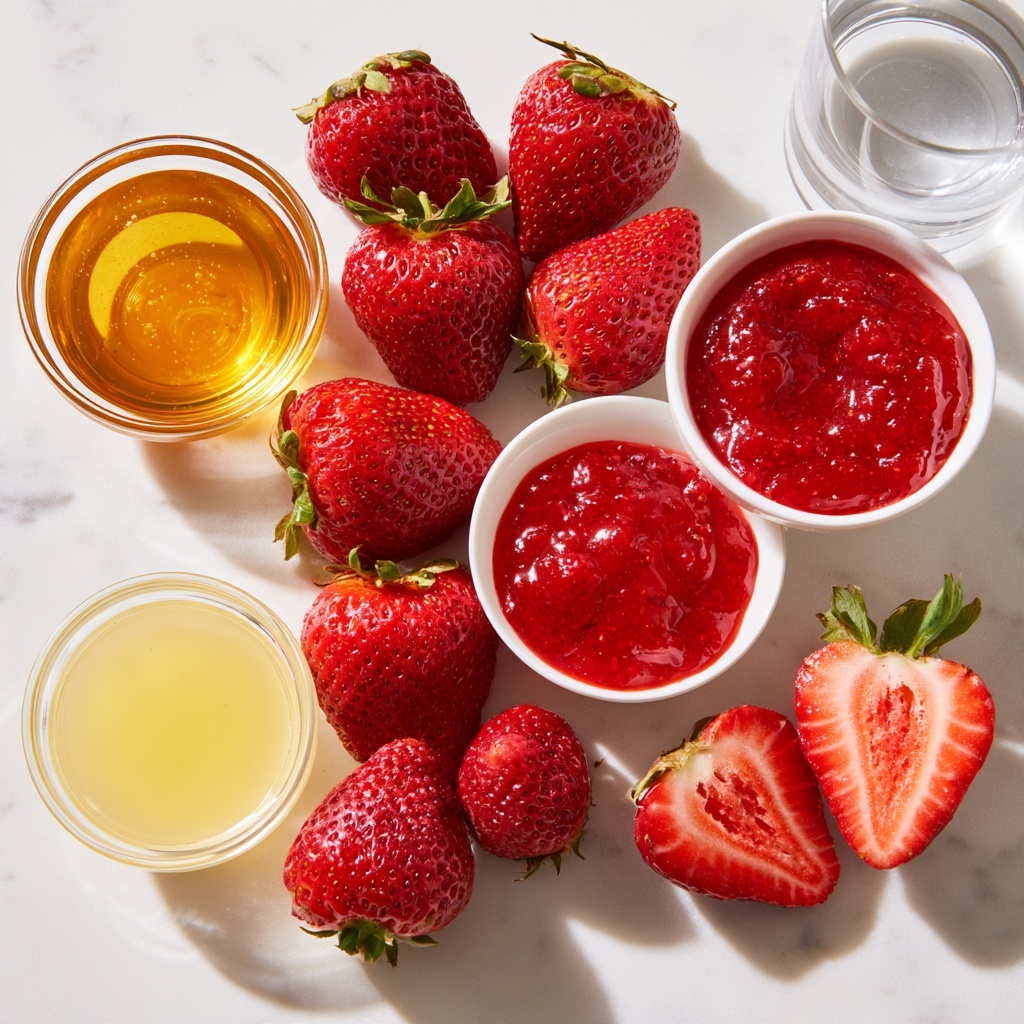 The image shows two clear blender containers on a white marbled surface. The left container is filled with whole and halved bright red strawberries with a dollop of dark brown paste on top, layered in a mix of chunky textures. The right container is filled with smooth, blended bright red strawberry puree with tiny air bubbles on the surface. Both containers have black lids at the bottom. photo taken with an iphone --ar 4:5 --v 7