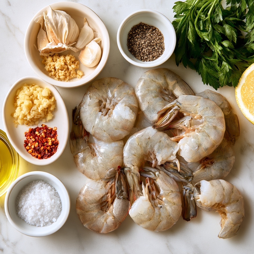 The image shows a close-up of raw shrimp in a clear glass bowl, with each shrimp pale gray and translucent with dark tails tipped in hints of yellow and black. The shrimp are covered lightly with small red chili flakes and bits of minced garlic spread unevenly across their curved bodies. A metal whisk partially stirs the shrimp, its shiny wires visible among the seafood. The bowl sits on a white marbled surface, which adds soft texture to the background. photo taken with an iphone --ar 4:5 --v 7