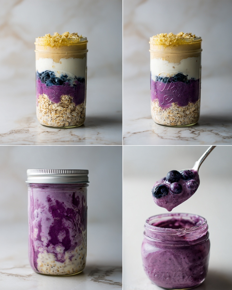 A clear glass jar filled with three visible layers of blueberry chia pudding. The bottom layer is a light cream color mixed with oats and chia seeds, the middle layer smoothly blends into a pale lavender tone with chia seeds evenly spread, and the top layer is a thick light purple creamy mixture with small blueberries and chia seeds. The jar is topped with fresh whole blueberries and thin beige almond slices. A silver spoon is placed inside the jar, leaning slightly to the right. A small pile of scattered oat flakes and four blueberries are placed in front of the jar on a white marbled surface. photo taken with an iphone --ar 4:5 --v 7