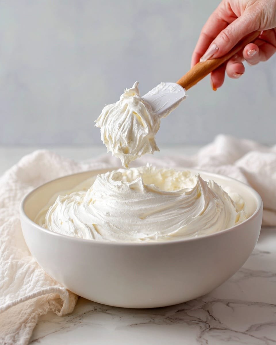 A white bowl filled with a thick, smooth, and creamy mixture of whipped cream. A woman's hand is holding a white spatula with a wooden handle, lifting a scoop of the whipped cream, showing its light and airy texture. The bowl is on a white marbled surface with a soft white cloth in the background, giving a clean and cozy kitchen vibe. photo taken with an iphone --ar 4:5 --v 7