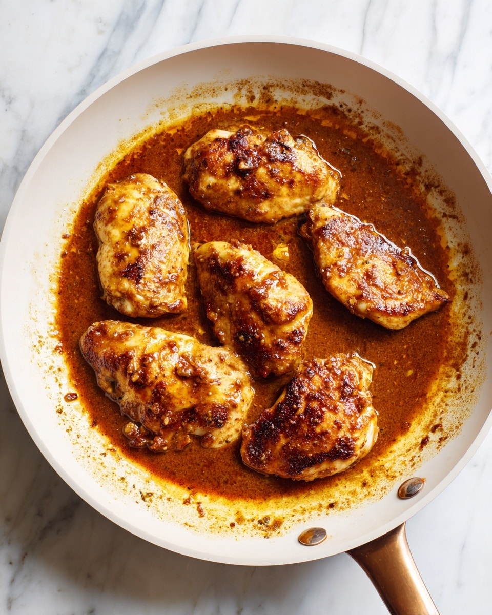 A white frying pan with six golden-brown cooked chicken pieces, each piece showing slightly different shapes and some light grill marks, sitting in a thick, rich sauce that is a deep brown color with a slightly oily texture. The sauce spreads unevenly around the chicken, covering the bottom of the pan and clinging to the sides with splashes and smears. The pan is on a white marbled surface, and the handle of the pan is brass-colored, visible at the bottom right. photo taken with an iphone --ar 4:5 --v 7