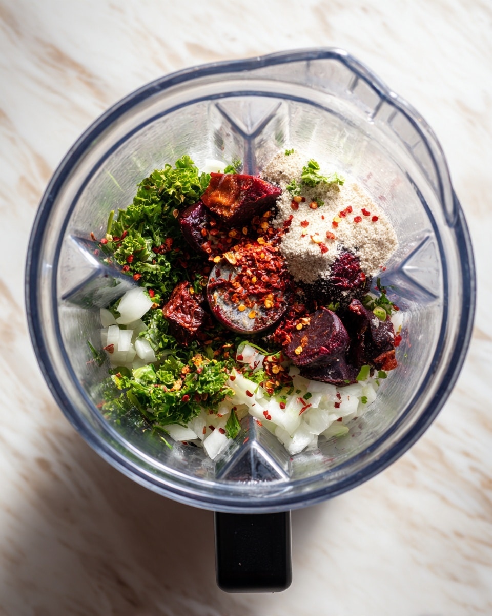 Inside a clear blender on a white marbled surface, there are several layers of ingredients visible from the top view. At the bottom, small white chopped onions and green leafy herbs are spread around. Above that, there are chunky pieces of dark reddish-brown roasted vegetables. On top, sprinkled red chili flakes and some white granules, probably salt, are scattered, adding texture and color contrast. The blender's black handle is visible on the right side. The light reflects softly on the shiny blender walls, showing the mix of colors and textures inside. photo taken with an iphone --ar 4:5 --v 7