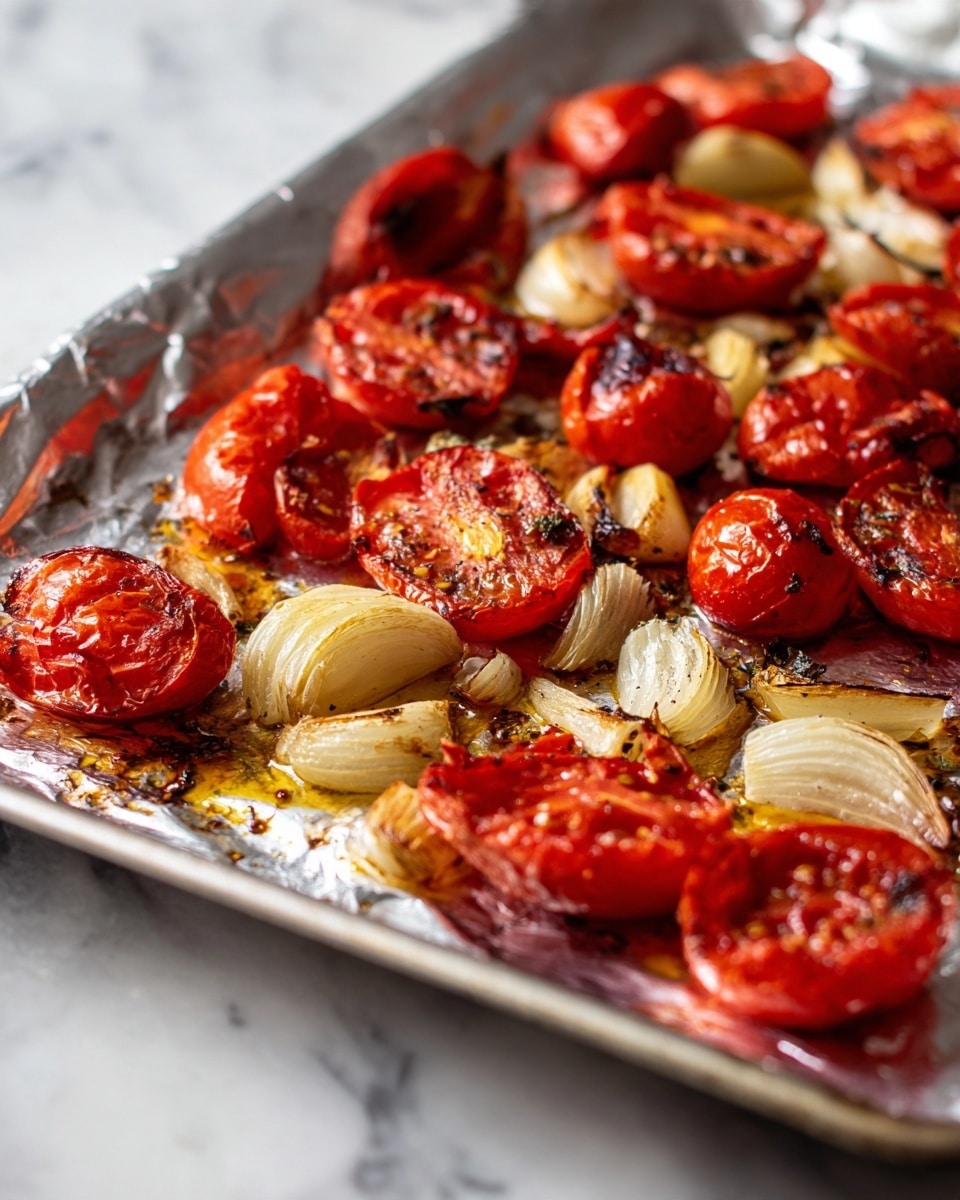 The image shows a close-up view of many roasted tomato halves with some roasted garlic and onion pieces mixed in. The tomatoes are bright red with browned, slightly blackened spots from roasting, giving a soft and wrinkled texture. The garlic and onion pieces are light golden with some charred edges, adding contrast to the reds. The food is placed on a silver foil sheet with some oil or juice pooling around the vegetables. The whole scene sits on a white marbled surface. Photo taken with an iphone --ar 4:5 --v 7
