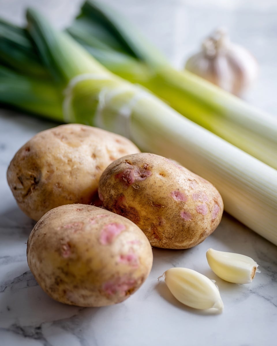 The image shows a close-up of raw ingredients placed on a white marbled surface. There are two light brown potatoes with some pink spots in the foreground, displaying a rough and uneven texture. Behind the potatoes, three long white and pale green leeks lay horizontally with their root ends facing the right side of the image. To the right of the potatoes and in front of the leeks, two peeled garlic cloves are visible, smooth and pale in color. The background is softly blurred, keeping the focus on these fresh vegetables. Photo taken with an iphone --ar 4:5 --v 7