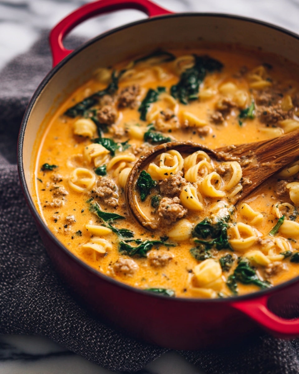 A close-up view of a deep red pot filled with creamy orange soup containing multiple layers of small curled pasta, pieces of cooked ground meat, and dark green leafy vegetables scattered throughout. A wooden spoon rests inside the pot, partially submerged and lifting some of the soup, showing its thick and smooth texture. The pot sits on a dark gray cloth on a white marbled surface, giving a cozy and warm feeling. photo taken with an iphone --ar 4:5 --v 7