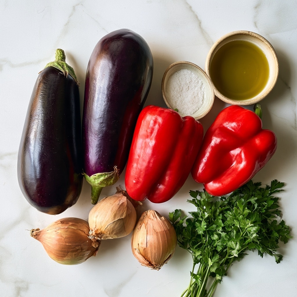 The image shows six steps of preparing roasted eggplant, onions, and red peppers. Step 1: two purple eggplants, two whole onions, and two red peppers sit on a foil-lined tray. Step 2: the eggplants, onions, and red peppers are roasted and browned, placed on the same foil-lined tray. Step 3: two red peppers are peeled and placed in a glass bowl, their skin partly removed. Step 4: two peeled red peppers are cut into halves on a wooden board with a knife, and pepper seeds are removed in a separate glass bowl. Step 5: the peeled eggplants are sliced lengthwise beside sliced onions on a wooden board, with a knife resting on the board and some onion pieces near it. Step 6: a white bowl with blue patterns is filled with the peeled eggplant slices, red pepper halves, and sliced onions, all arranged side by side. The setting is on a white marbled surface. photo taken with an iphone --ar 4:5 --v 7