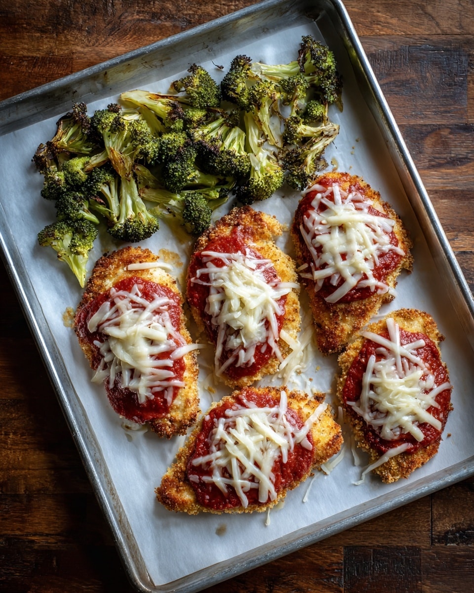 A baking tray lined with white parchment paper holds four pieces of breaded chicken topped with thin layers of red tomato sauce and melted shredded white cheese, arranged in two rows. The chicken has a light golden brown, crispy texture around the edges. At the top of the tray, there is a pile of roasted broccoli florets with a bright green color and slightly crisped edges. The tray is placed on a wooden surface. photo taken with an iphone --ar 4:5 --v 7