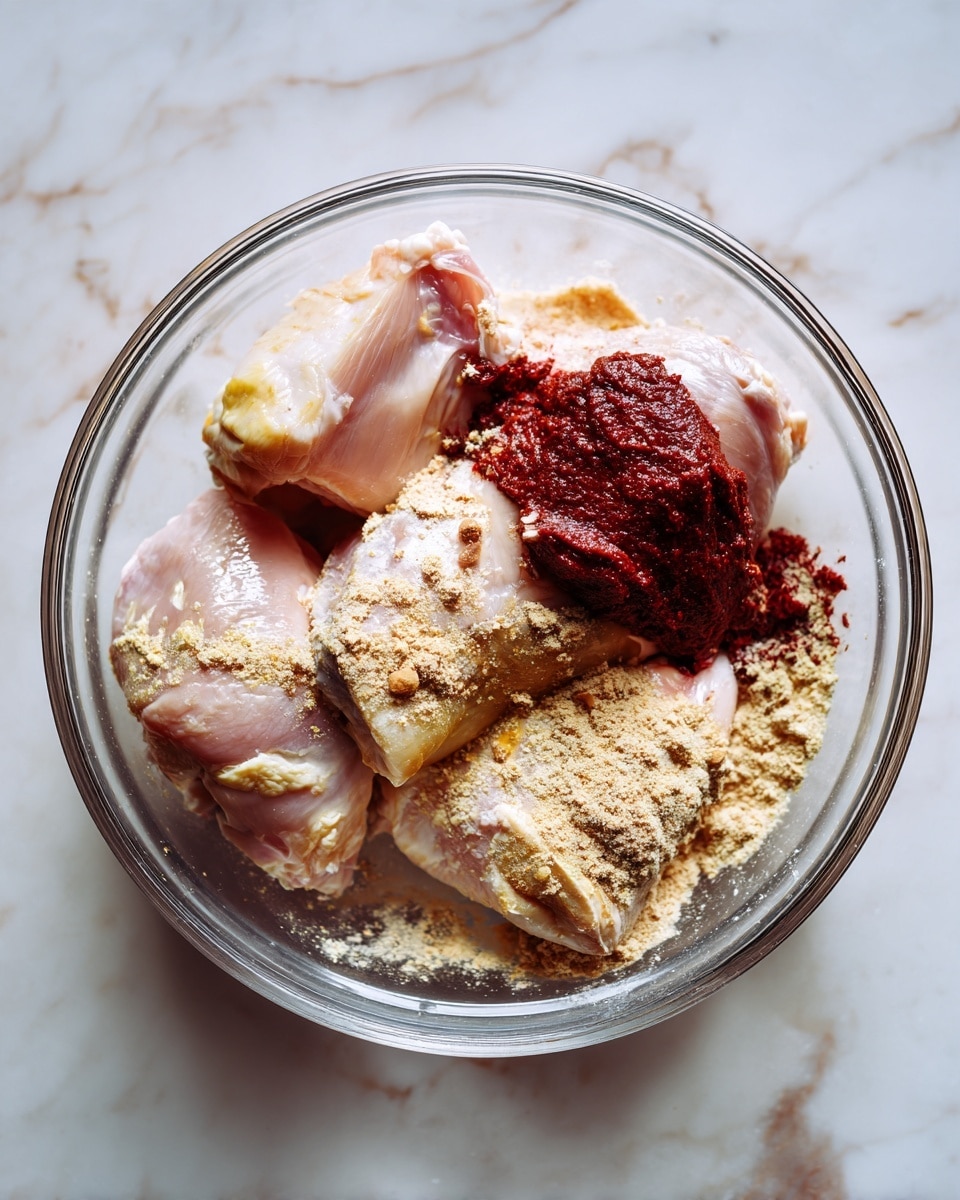 In a clear glass bowl, there are several pieces of raw chicken with pale pink and light yellow skin, mixed with a light brown powder sprinkled on top and a dark red thick paste placed on one side of the chicken. The bowl sits on a white marbled surface, giving a clean background to the raw ingredients. photo taken with an iphone --ar 4:5 --v 7