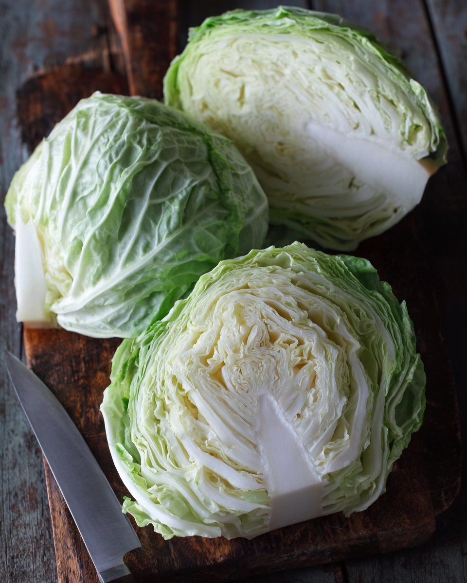 The image shows three quarter pieces of green cabbage placed on a dark wood surface changed to white marbled texture. Each cabbage quarter has layers of pale green and white tightly packed leaves, starting from light green on the outside to creamy white near the core in the center. One quarter has a knife slicing through the middle, showing the inside layers more clearly with a sharp metallic silver blade. The scene is simple with natural tones and textures, focusing on the fresh cabbage sections. photo taken with an iphone --ar 4:5 --v 7