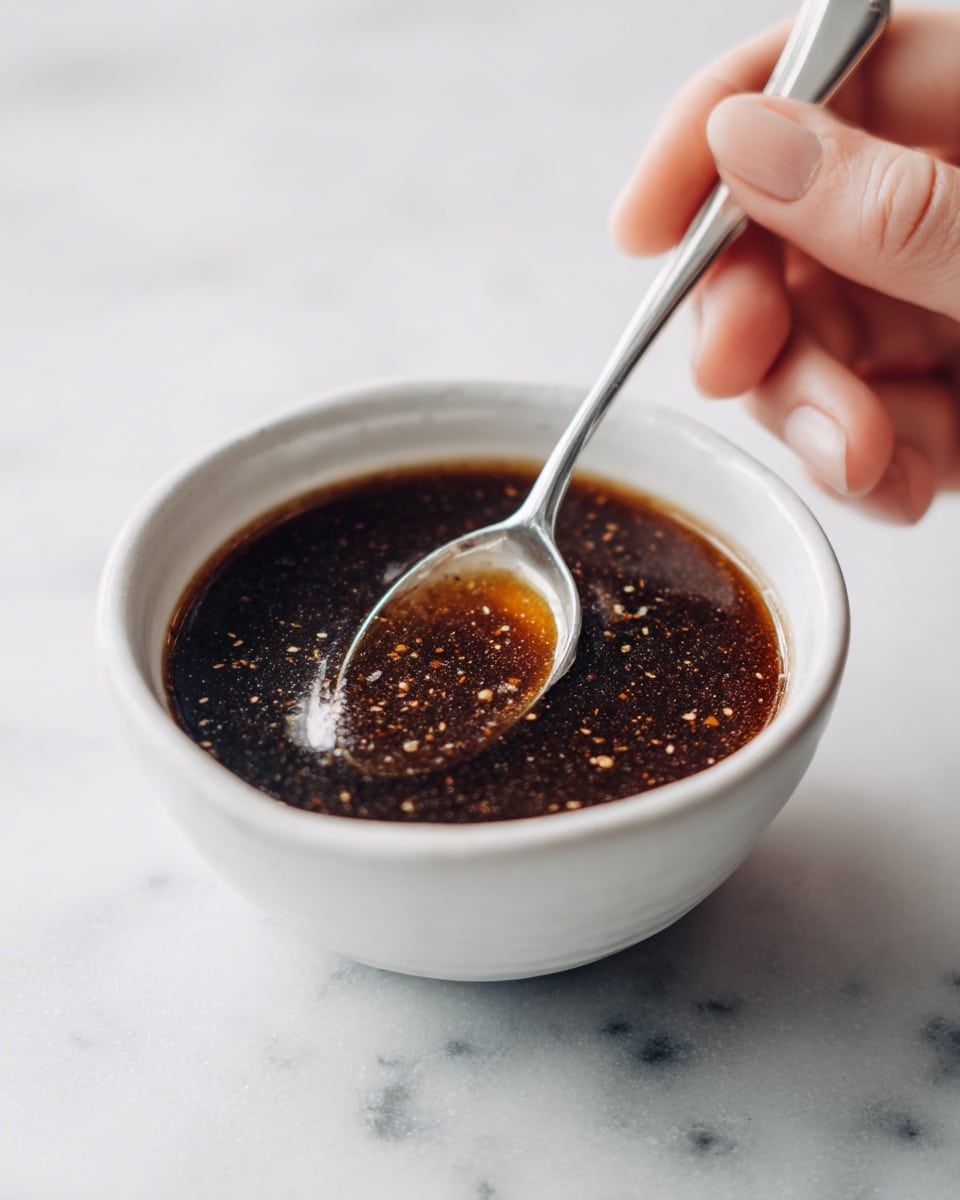 A close-up shot of a small white bowl filled with a dark brown liquid sauce that has visible spices and specks floating in it. A woman's hand holds a silver spoon stirring the sauce inside the bowl. The bowl is placed on a white marbled textured surface. The lighting is soft, highlighting the texture of the sauce and the details of the woman's hand. photo taken with an iphone --ar 4:5 --v 7