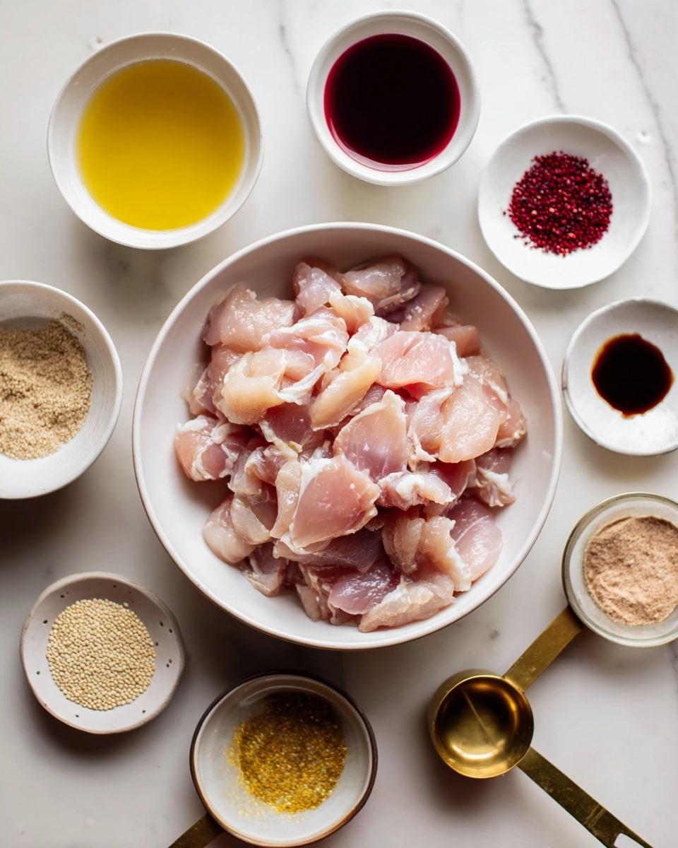 A white bowl filled with many pieces of raw, light pink chicken sits at the bottom center of the image on a white marbled textured surface. Around it are small white bowls and gold measuring cups with different sauces and powders: a dark red sauce in a white bowl at the top center, a pale yellow liquid in a white bowl on the left, a dark liquid in a gold measuring cup on the right, a gold measuring cup containing sesame seeds and a yellow ingredient on the left bottom, and a white bowl with light brown powder on the right bottom. The ingredients are spaced evenly around the chicken bowl, all placed on a white marbled surface. Photo taken with an iphone --ar 4:5 --v 7