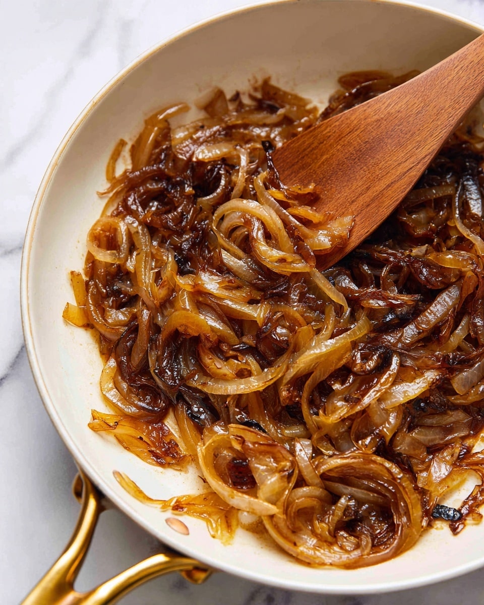 The image shows a close-up of caramelized onions in a white pan with a golden handle, resting on a white marbled surface. The onions have multiple layers with colors ranging from light golden brown to dark brown, showing different stages of cooking with some pieces more translucent and others appearing crispier. The texture is soft and slightly shiny from the cooking oil. A wooden spatula is partially visible in the pan, mixing or stirring the onions. The image highlights the rich color contrast and glossy texture of the onions. photo taken with an iphone --ar 4:5 --v 7