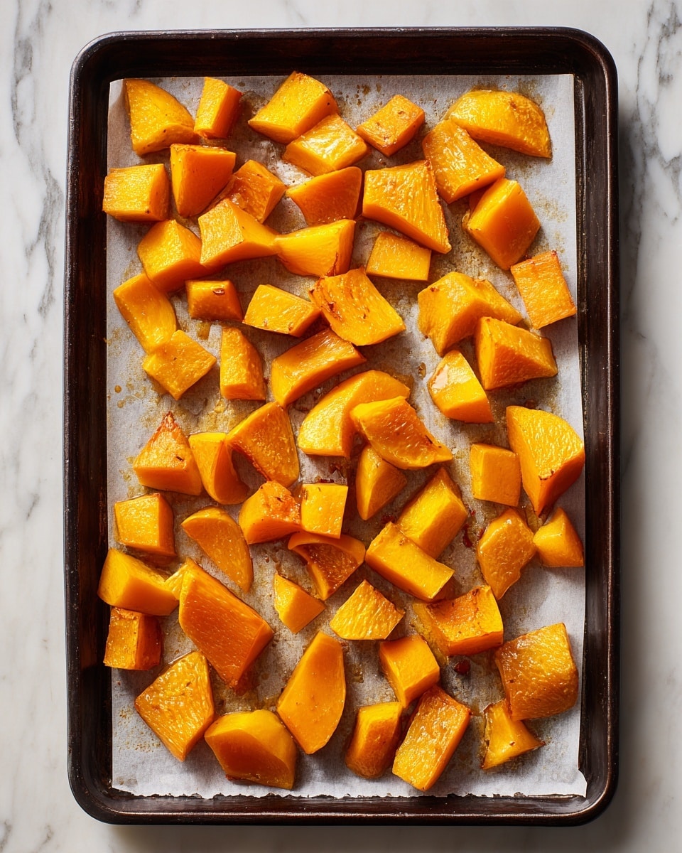 The image shows a baking tray lined with white parchment paper on a white marbled surface. On the tray, there are many pieces of roasted orange squash cut into different sizes and shapes, spread out irregularly. The squash pieces have a glossy, slightly shiny texture, indicating they are cooked and tender. The baking tray is dark-colored, and the scene is brightly lit, highlighting the vibrant orange color of the squash. photo taken with an iphone --ar 4:5 --v 7