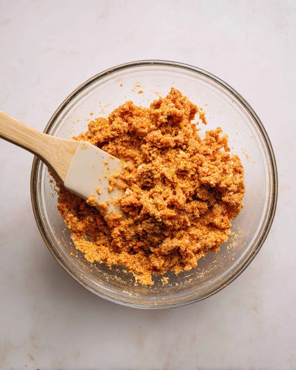 A clear glass bowl sits on a white marbled surface, filled with a mix of ground meat and orange seasoning powder. The mixture is uneven with clumps and smooth parts, showing a blend of pinkish meat and orange dry spices. Resting inside the bowl is a light beige spatula, partially covered in the same mixture, angled towards the top left. The spoon has some mixture stuck on it, adding texture to the scene. Photo taken with an iphone --ar 4:5 --v 7