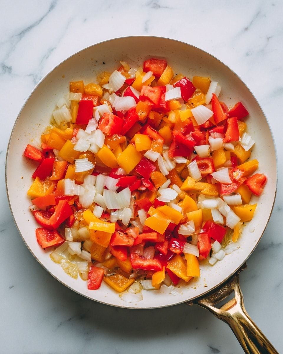 The image shows a white frying pan with a golden handle, filled with chopped vegetables cooking in oil. The vegetables include red and yellow bell peppers cut into chunks, and white onions diced into smaller pieces. They are all mixed together, glistening with oil, giving a shiny, soft look. The pan is placed on a white marbled surface, and the colors of the vegetables stand out brightly against the pan's white background. The overall look is fresh and colorful, with a warm, lightly oily texture. photo taken with an iphone --ar 4:5 --v 7