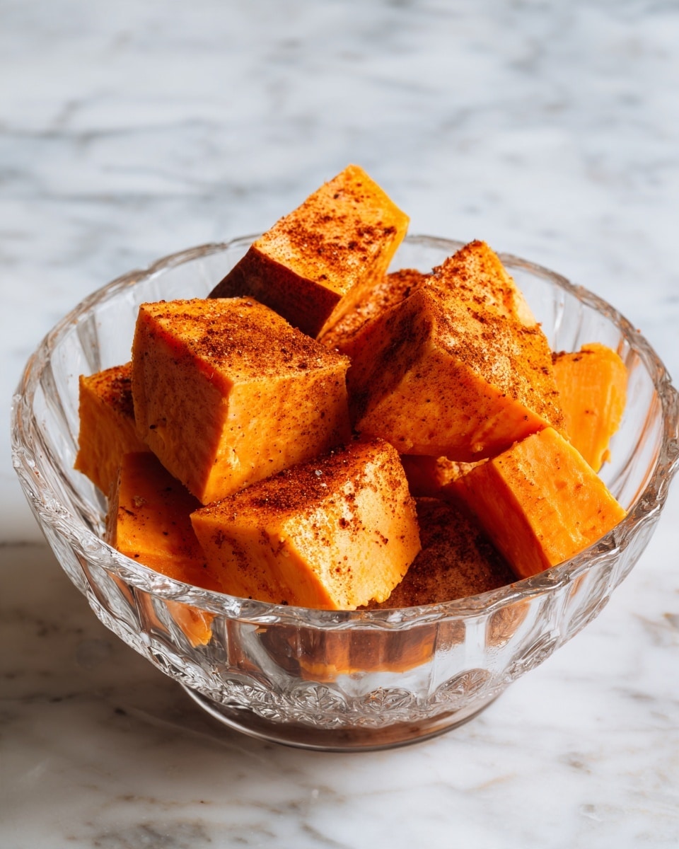 A clear glass bowl on a white marbled surface holds several medium-sized cubes of orange sweet potato with the skin still on. The sweet potato cubes are sprinkled with a reddish-brown spice powder, creating a layered texture of vibrant orange mixed with specks of seasoning on each piece. The bowl is fluted and transparent, allowing the colors and textures of the sweet potato to be seen clearly against the white marbled background. photo taken with an iphone --ar 4:5 --v 7