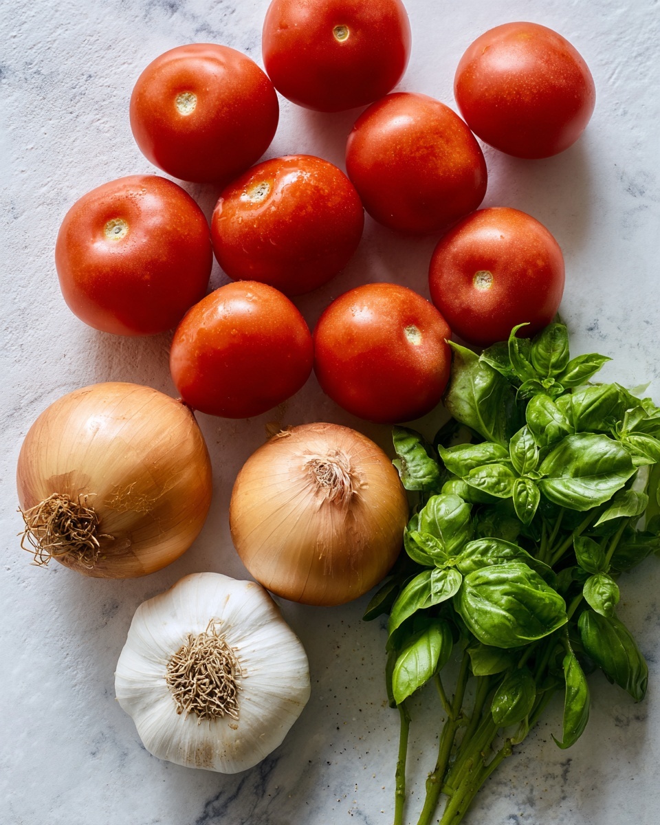 The image shows an arrangement of fresh ingredients on a white marbled surface. There are about twelve round, smooth, bright red tomatoes grouped together on the left side. Next to the tomatoes are two medium-sized, light brown onions with papery skin. Below them is a whole white garlic bulb with a rough texture. To the right side of the onions is a small bunch of vibrant green fresh basil leaves with visible veins and stems. Photo taken with an iphone --ar 4:5 --v 7