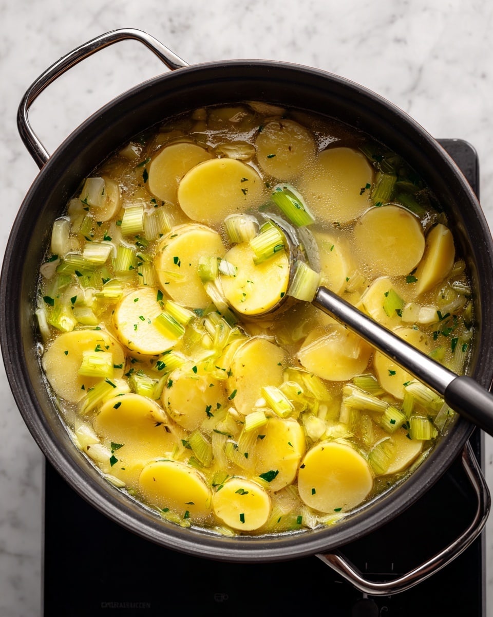 The image shows a black pot filled with a warm soup made of sliced yellow potatoes and chopped light green leeks, floating in a light clear broth with small green herb bits scattered throughout. A silver blending tool is partially immersed in the soup, breaking up some of the potato slices, giving a mix of whole and blended textures visible in the pot. Steam rises gently from the surface, and the pot is on a black stovetop, but the visible background is changed to white marbled texture. photo taken with an iphone --ar 4:5 --v 7